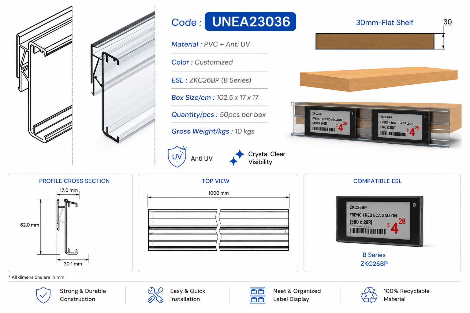 B Series ESL Mounting for 30 mm Flat Shelves